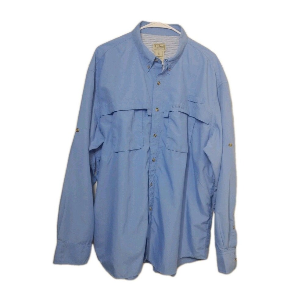 L.L. Bean Men Fishing Vented Utility Pockets Button Down Shirt Sky Blue XL